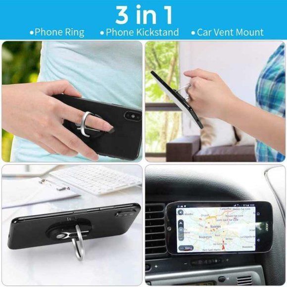 Mobile Phone Ring Holder 3 in 1 Universal Air Vent Car Phone Mount & Finger Grip - Picture 7 of 7